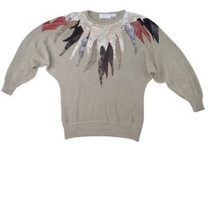 Vintage Unique Maurada Embellished Sweater Beige Knit Dolman Sleeve Women's M‎